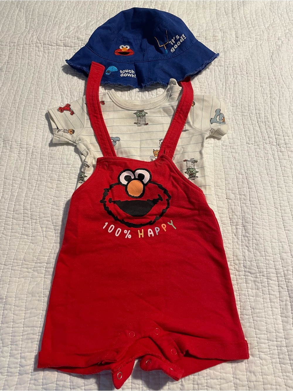 Super Cute! Sesame Street Red Elmo Overall Romper with Blue Bucket Hat 6-9M